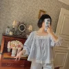Vintage Cotton Lace Pajama Set – Square Neck Long Sleeve Sleepwear