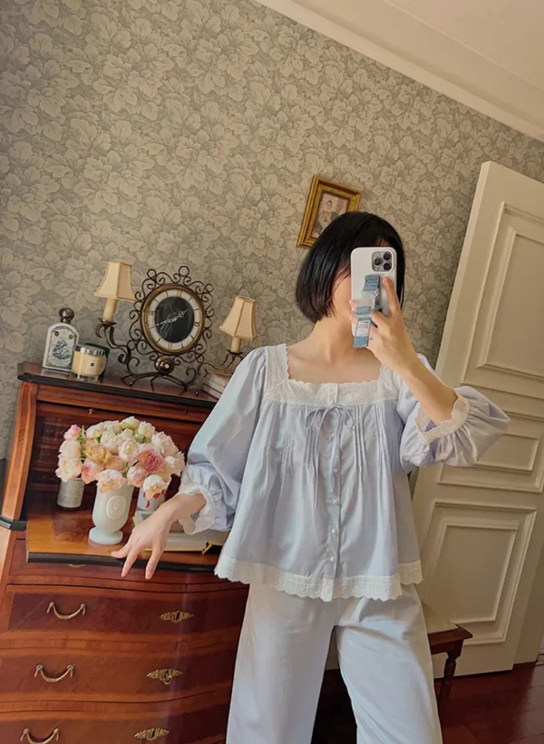 Vintage Cotton Lace Pajama Set – Square Neck Long Sleeve Sleepwear