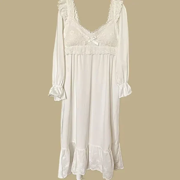 Vintage Victorian Cotton Lace Nightgown – White Long Sleeve Edwardian Sleepwear
