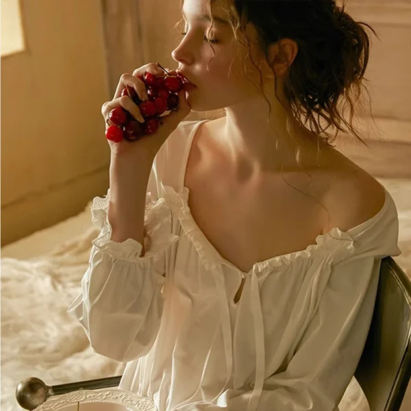Sf94378cce6ac4a27bd1651b61ac62d354.webp Vintage Edwardian Cotton Lace Nightgown – White Long Sleeve Sleep Dress