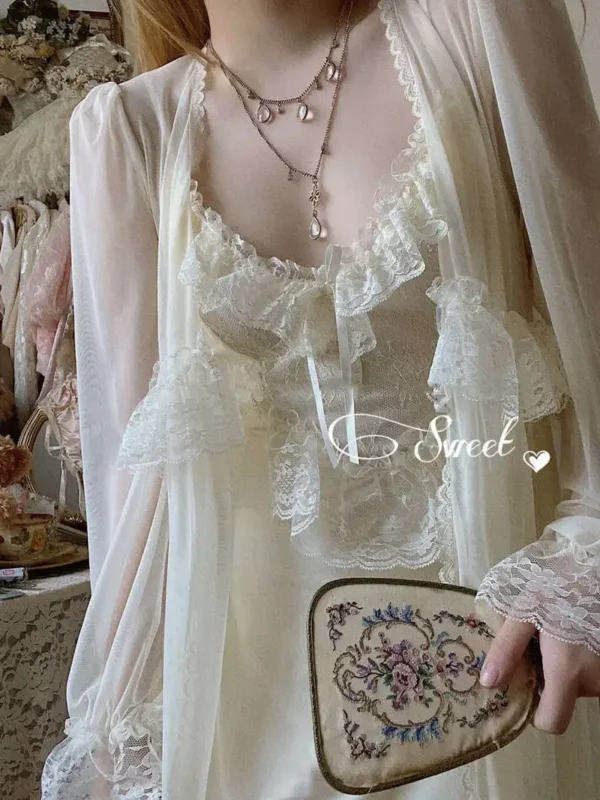 Sfcdcafc4f4534d409a25753276af29faQ.webp Vintage Lace Tulle Robe Set – Elegant Long Sleeve Nightdress & Sleepwear
