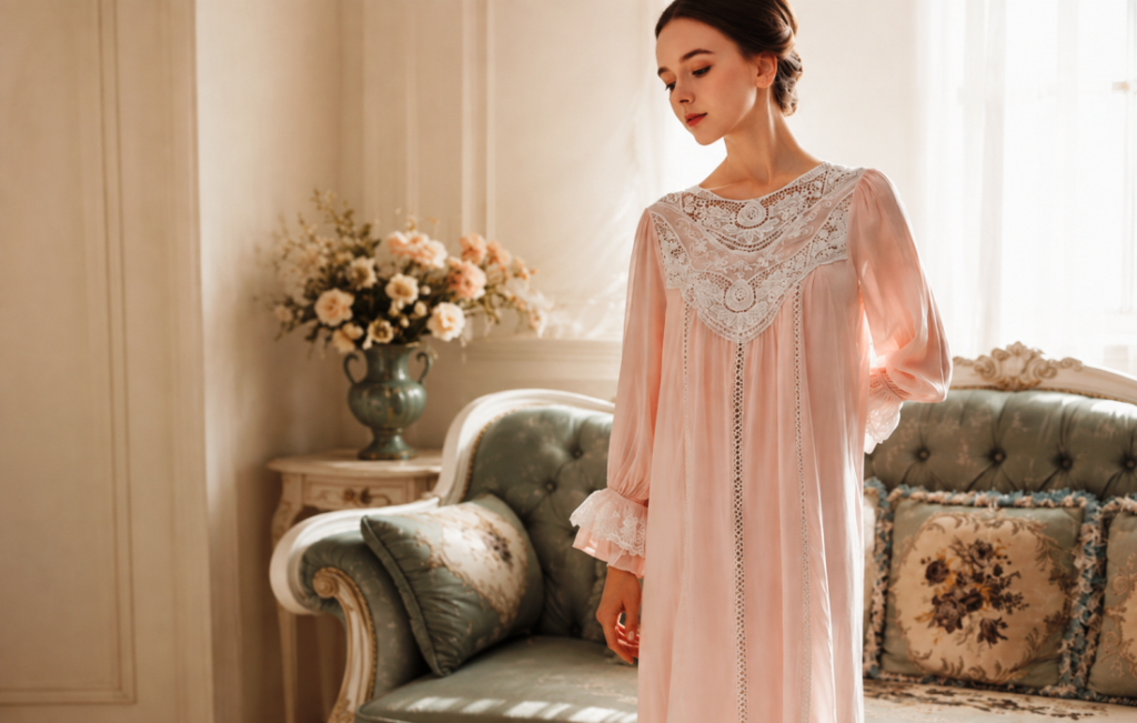 Woman wearing a blush pink Victorian lace nightgown in an elegant vintage bedroom with floral décor and tufted sofa.