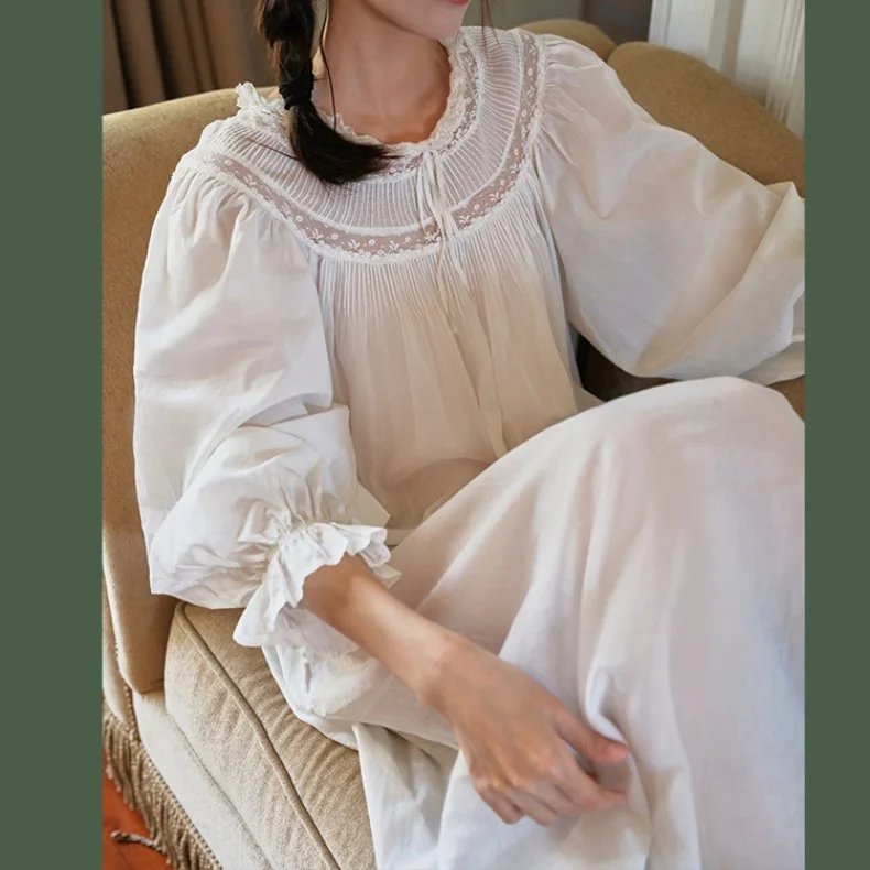 Handmade Vintage Victorian Lace Cotton Gown – Victorian Inspired Ankle-Length Nightgown – detail view 7