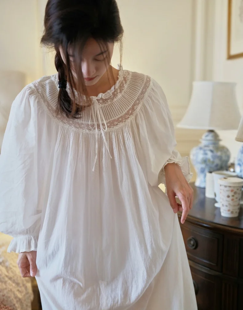Handmade Vintage Victorian Lace Cotton Gown – Victorian Inspired Ankle-Length Nightgown – detail view 14