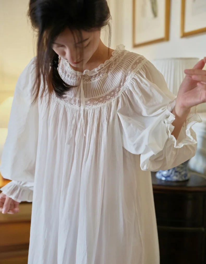 Handmade Vintage Victorian Lace Cotton Gown – Victorian Inspired Ankle-Length Nightgown – detail view 15
