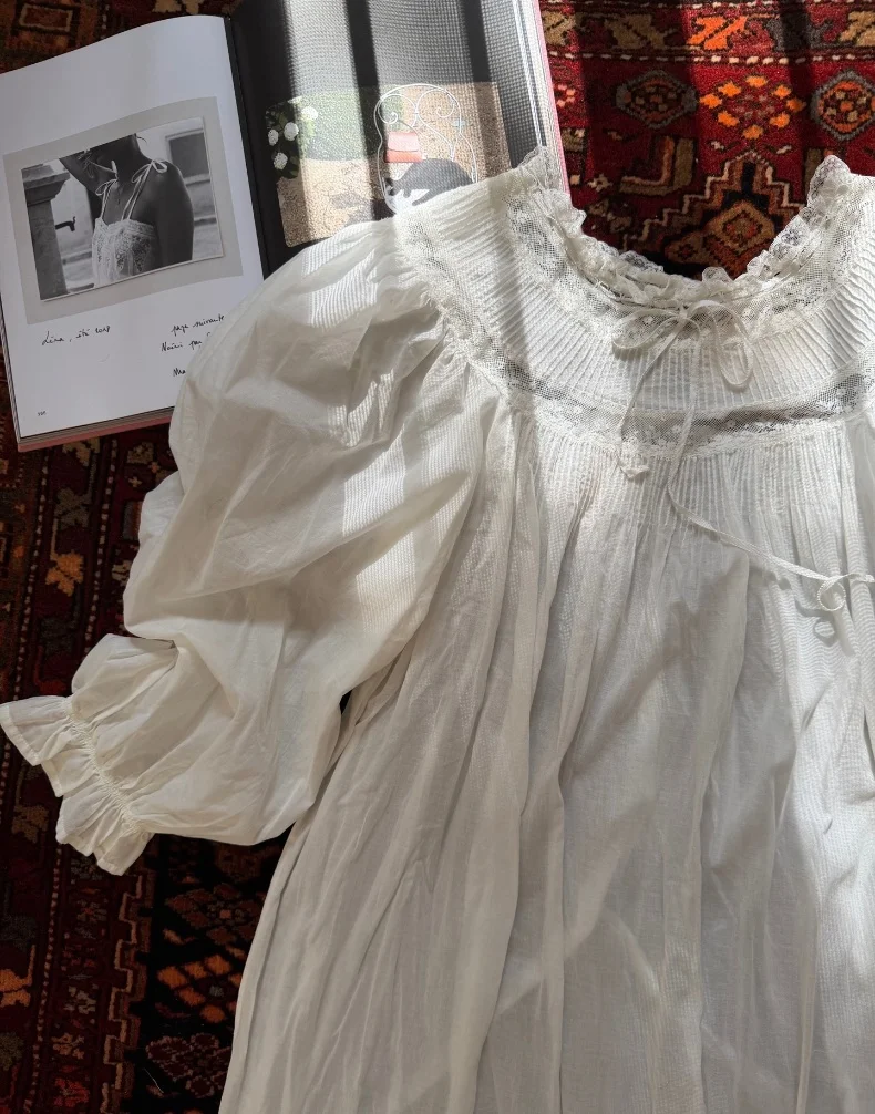 Handmade Vintage Victorian Lace Cotton Gown – Victorian Inspired Ankle-Length Nightgown – detail view 16
