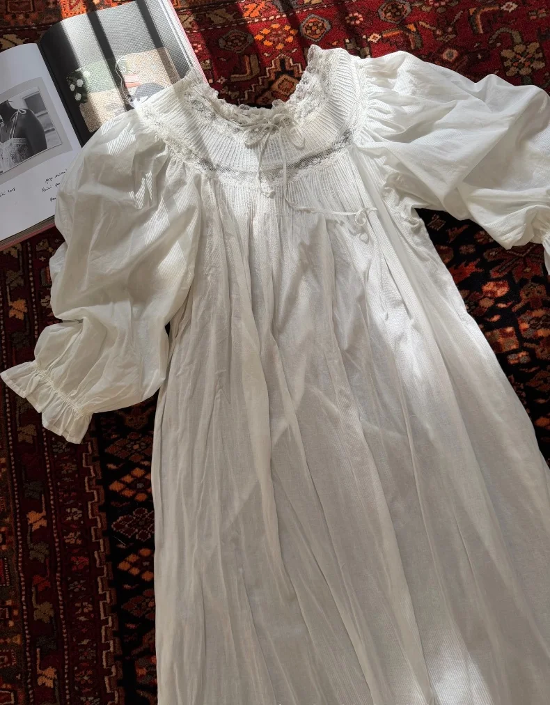 Handmade Vintage Victorian Lace Cotton Gown – Victorian Inspired Ankle-Length Nightgown – detail view 17
