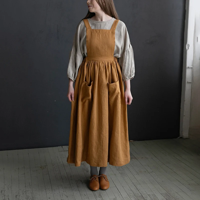Vintage Cotton Linen Pinafore Dress – Square Neck Midi Dress with Pockets – detail view 2