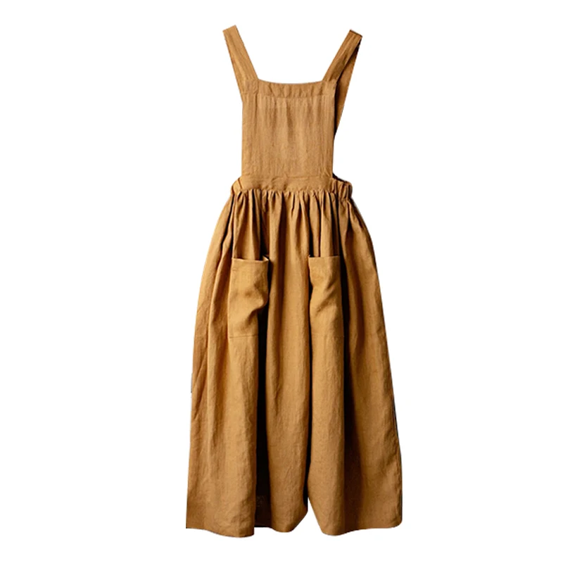 Vintage Cotton Linen Pinafore Dress – Square Neck Midi Dress with Pockets – detail view 5