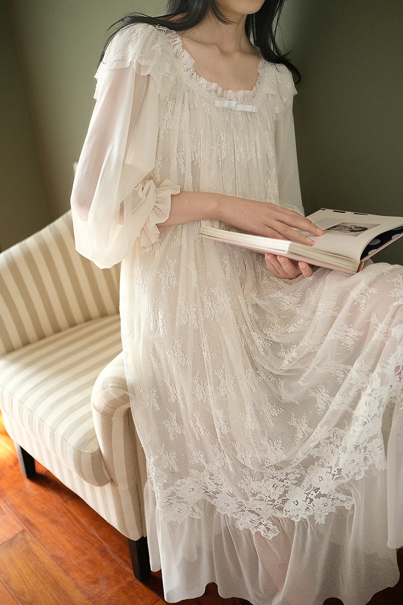 Vintage Victorian Lace Cotton Nightgown – Edwardian Long Sleeve Sleep Dress – detail view 8