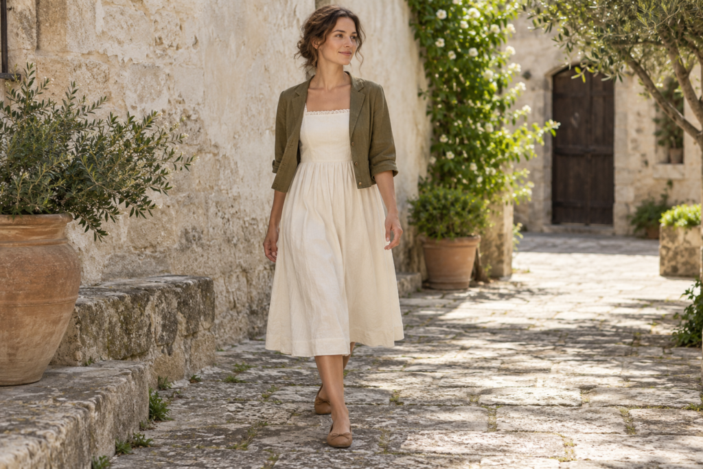 Woman wearing an ivory nightgown with an olive jacket and tan flats in a sunlit courtyard.