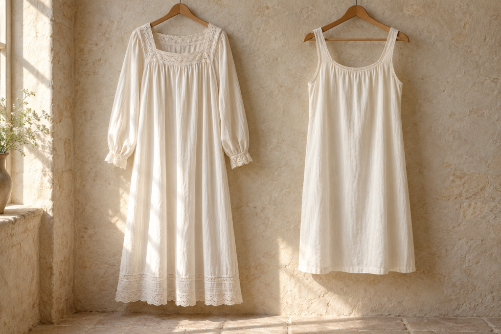Long-sleeved ivory nightdress and simpler sleeveless chemise hanging side by side.