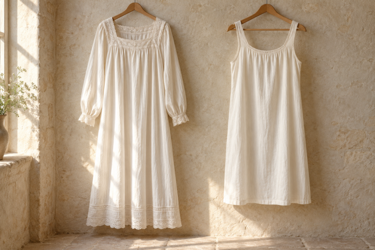Long-sleeved ivory nightdress and simpler sleeveless chemise hanging side by side.