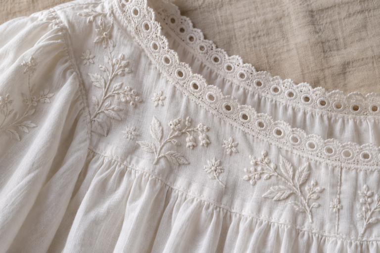 Close-up of white floral embroidery and stitched eyelet trim on a cotton nightgown bodice.