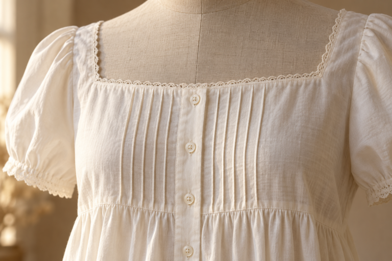Ivory nightgown bodice with narrow vertical pintucks, a button placket and a lace-trimmed square neckline.