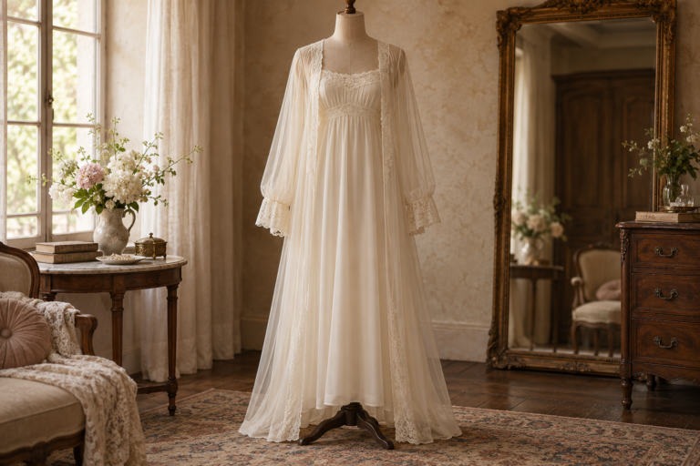 Ivory sleeveless nightdress beneath a sheer lace-trimmed robe on a dress form in a softly lit dressing room.