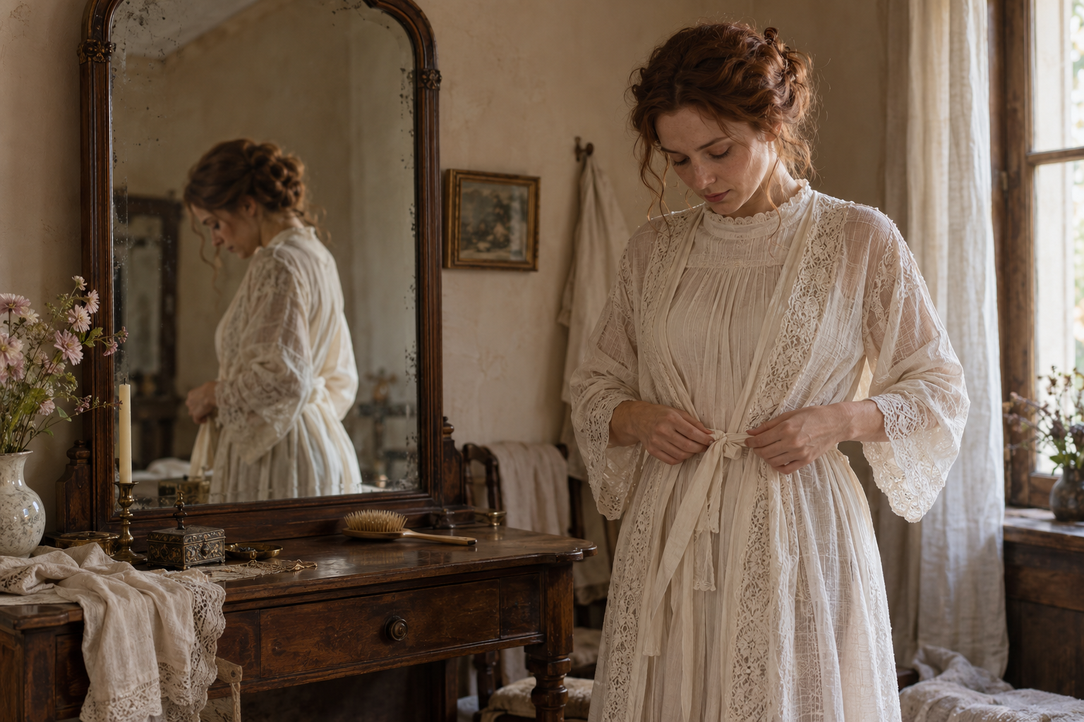 Woman wearing an ivory lace robe beside an antique dressing mirror