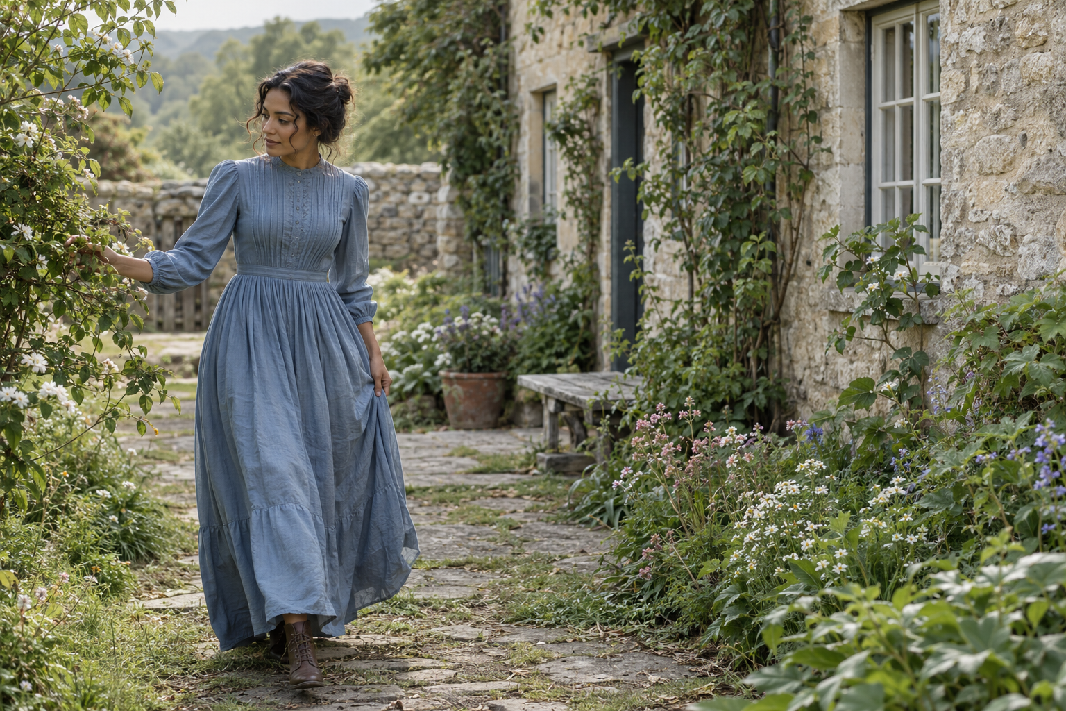 Woman wearing a blue Victorian-inspired dress in a cottage garden