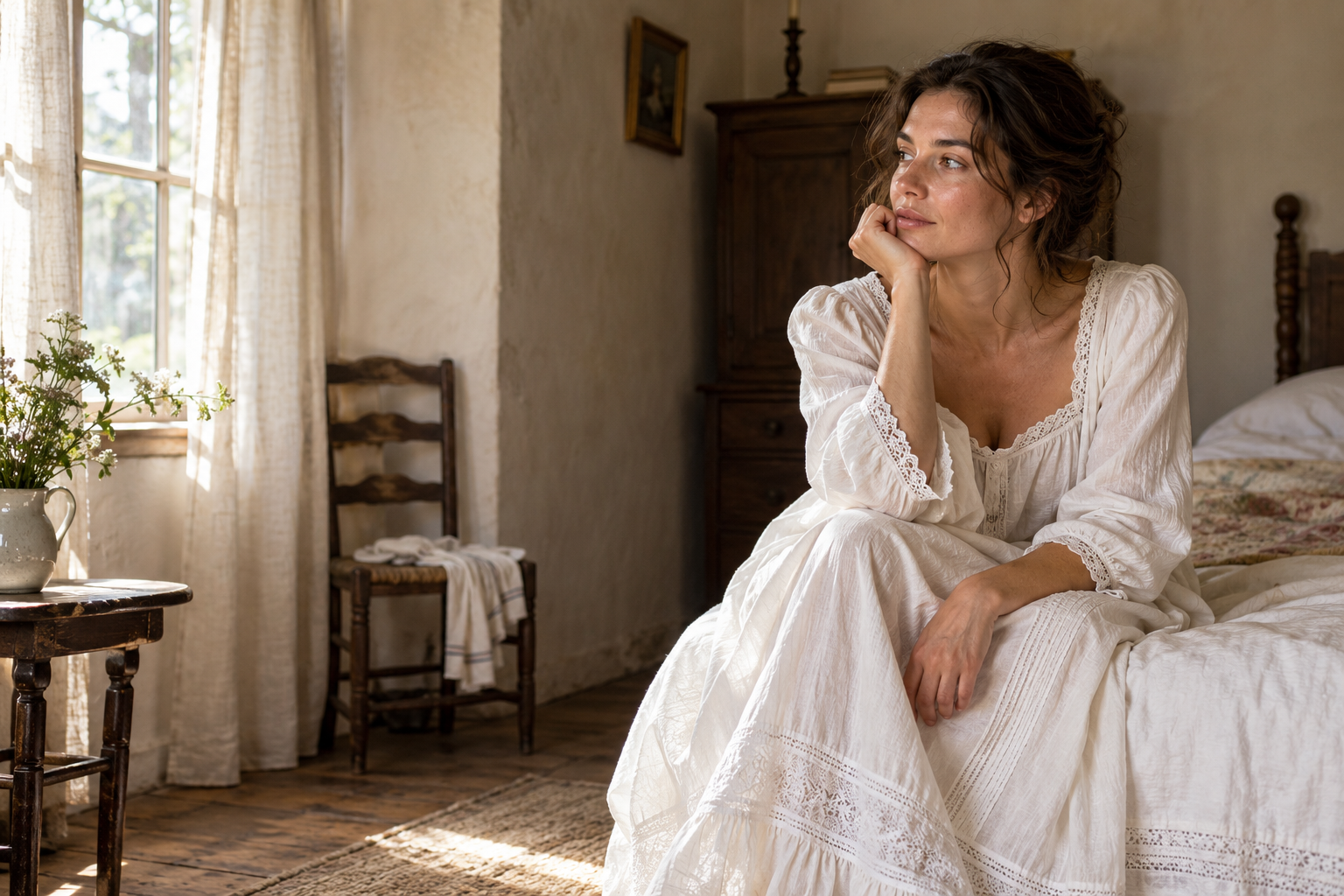 Woman wearing a white Victorian-inspired cotton nightgown in a naturally lit bedroom