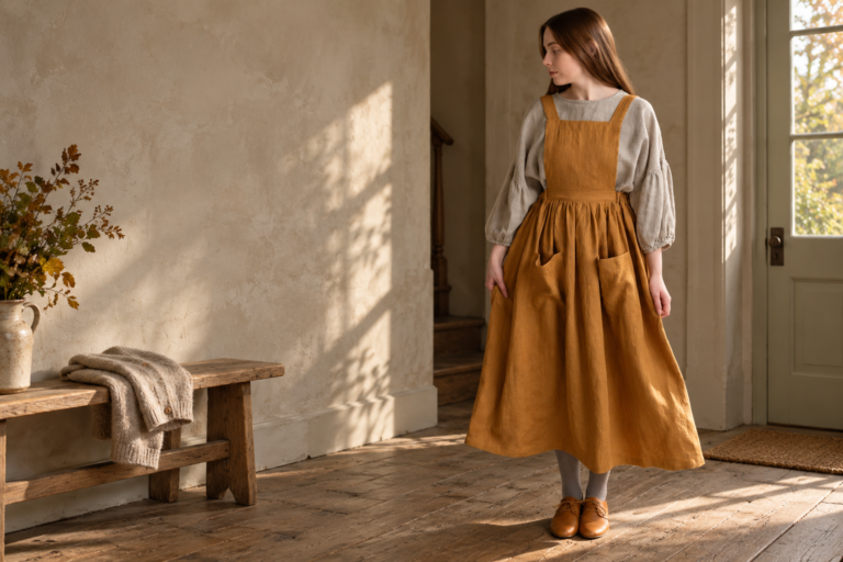 Ochre pinafore dress worn over a gray blouse in a sunlit room.