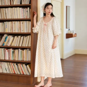 Cream Floral Cotton Nightgown – Lace Round-Neck Ankle-Length Sleep Dress Cream floral cotton nightgown featured product image