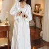 Victorian jacquard cotton nightgown in white with floral lace