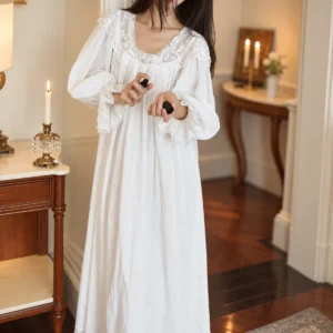 White Victorian Lace Jacquard Cotton Nightgown Victorian jacquard cotton nightgown in white with floral lace