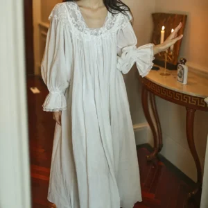 Vintage Jacquard Cotton Nightgown – Ivory Square Neck Vintage jacquard cotton nightgown featured product image