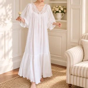 Vintage White Cotton Lace Nightgown – V-Neck Ankle-Length Sleep Dress Vintage white cotton lace nightgown featured product image